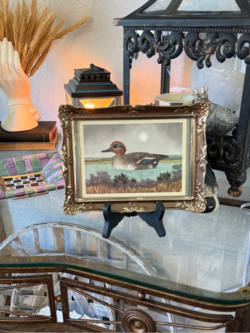 Vintage Ornate Gold Framed Duck Print by English A.F. Lydon with Wood Easel